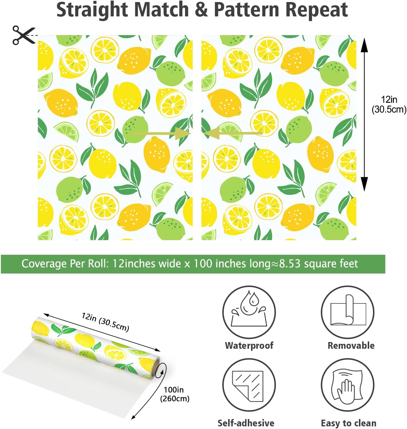Fresh Lemon Peel and Stick Wallpaper Roll 12"x100" Yellow Lemon Green Lime Citrus Fruit Leaf Wallpaper for Kitchen Bedroom Living Room Self Adhesive Contact Paper Removable Vinyl Wall Mural