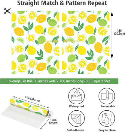 Fresh Lemon Peel and Stick Wallpaper Roll 12"x100" Yellow Lemon Green Lime Citrus Fruit Leaf Wallpaper for Kitchen Bedroom Living Room Self Adhesive Contact Paper Removable Vinyl Wall Mural