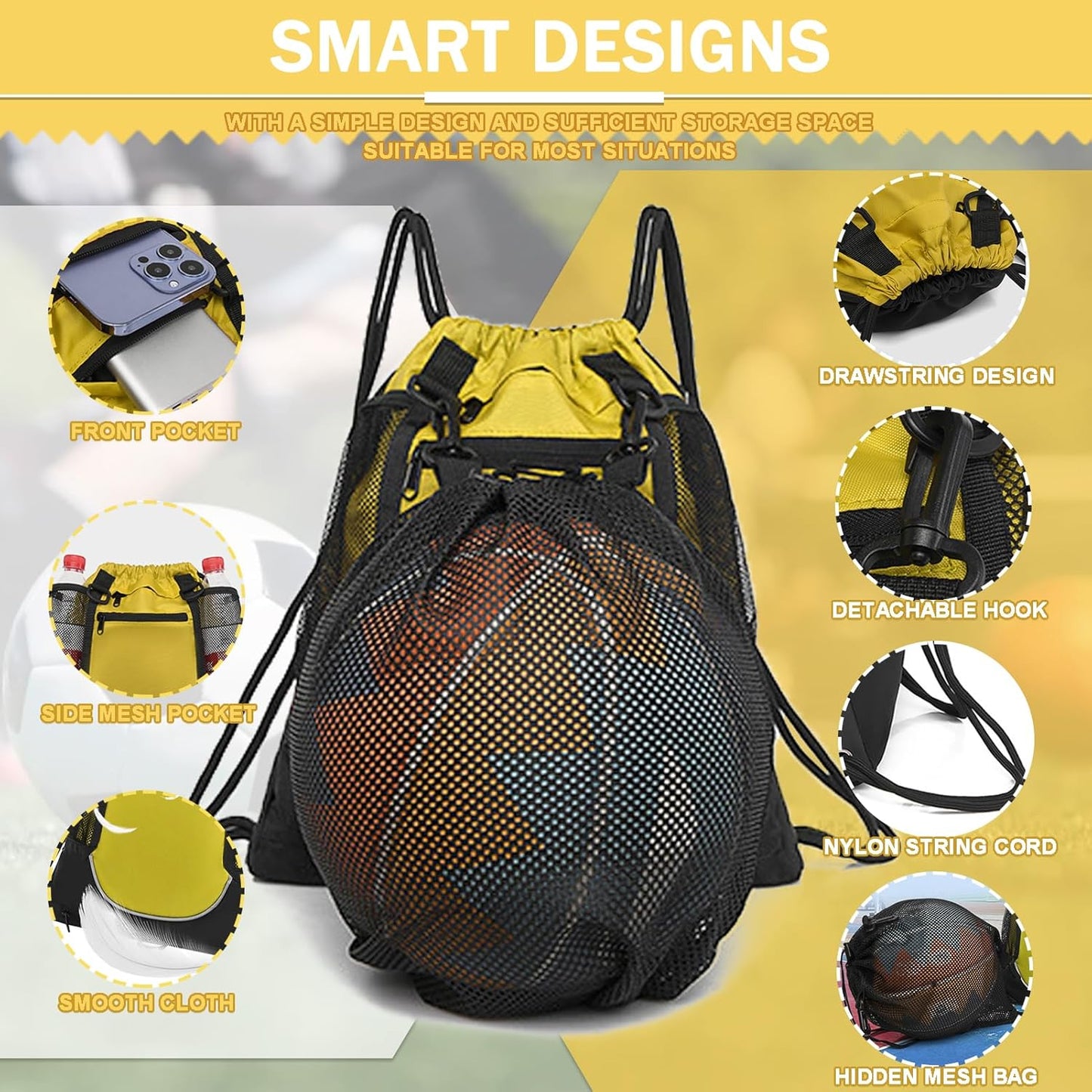 Drawstring Soccer Bag Basketball Backpack for Kids Teens, Foldable Sports Bags Detachable Ball Mesh Bag for Gym Yoga Football Baseball