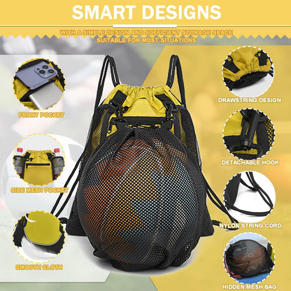Drawstring Soccer Bag Basketball Backpack for Kids Teens, Foldable Sports Bags Detachable Ball Mesh Bag for Gym Yoga Football Baseball