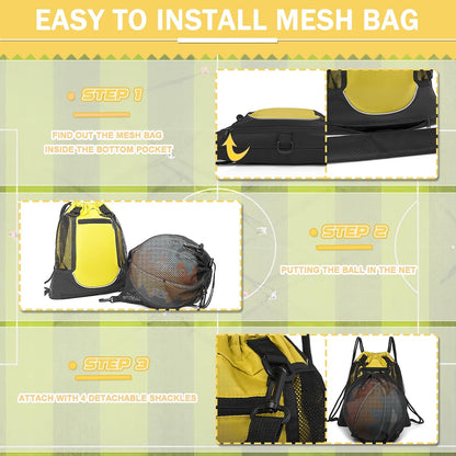 Drawstring Soccer Bag Basketball Backpack for Kids Teens, Foldable Sports Bags Detachable Ball Mesh Bag for Gym Yoga Football Baseball