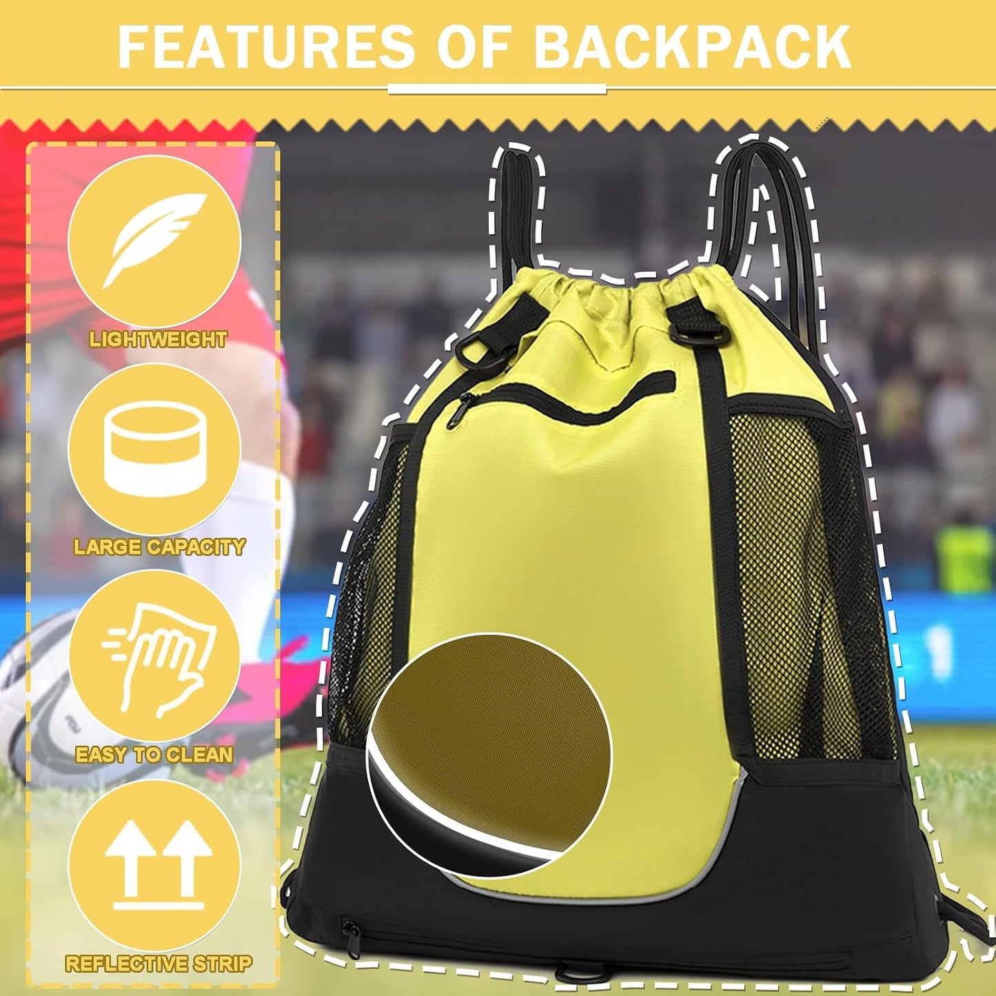 Drawstring Soccer Bag Basketball Backpack for Kids Teens, Foldable Sports Bags Detachable Ball Mesh Bag for Gym Yoga Football Baseball