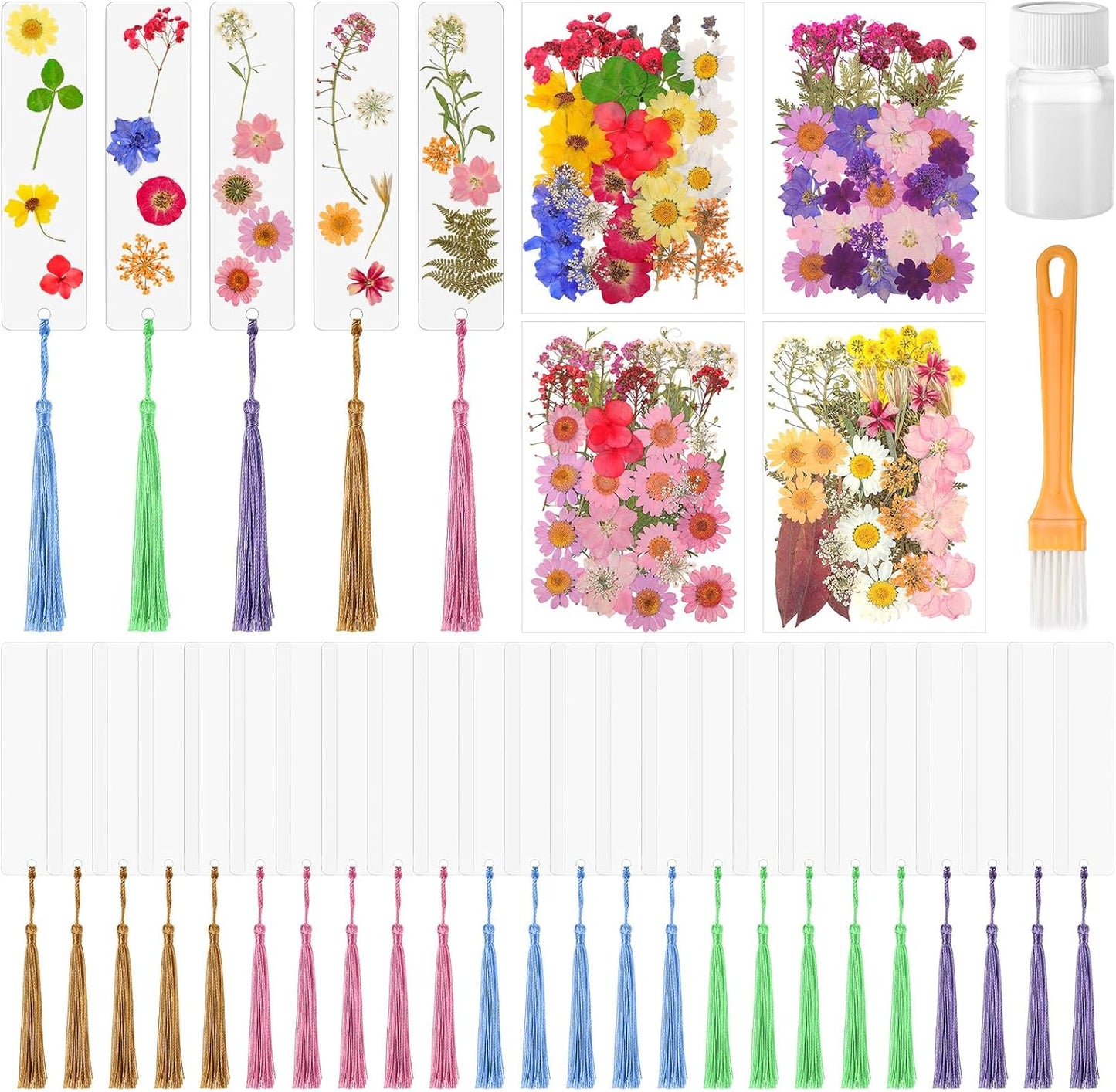 190 Pcs Pressed Flower Bookmark Making Kit, 24 Clear Acrylic Bookmarks with Tassels 140 Dried Floral with Adhesive Tools for Scrapbooking DIY Craft Gifts(Rustic)