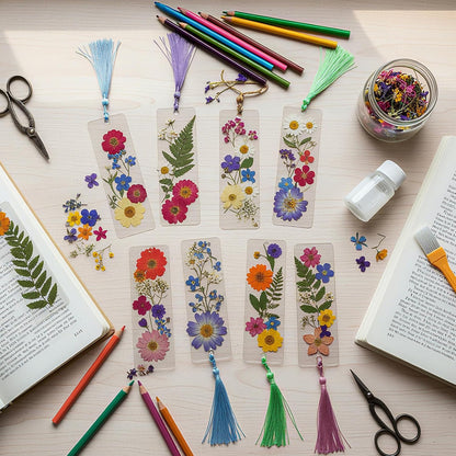 190 Pcs Pressed Flower Bookmark Making Kit, 24 Clear Acrylic Bookmarks with Tassels 140 Dried Floral with Adhesive Tools for Scrapbooking DIY Craft Gifts(Rustic)