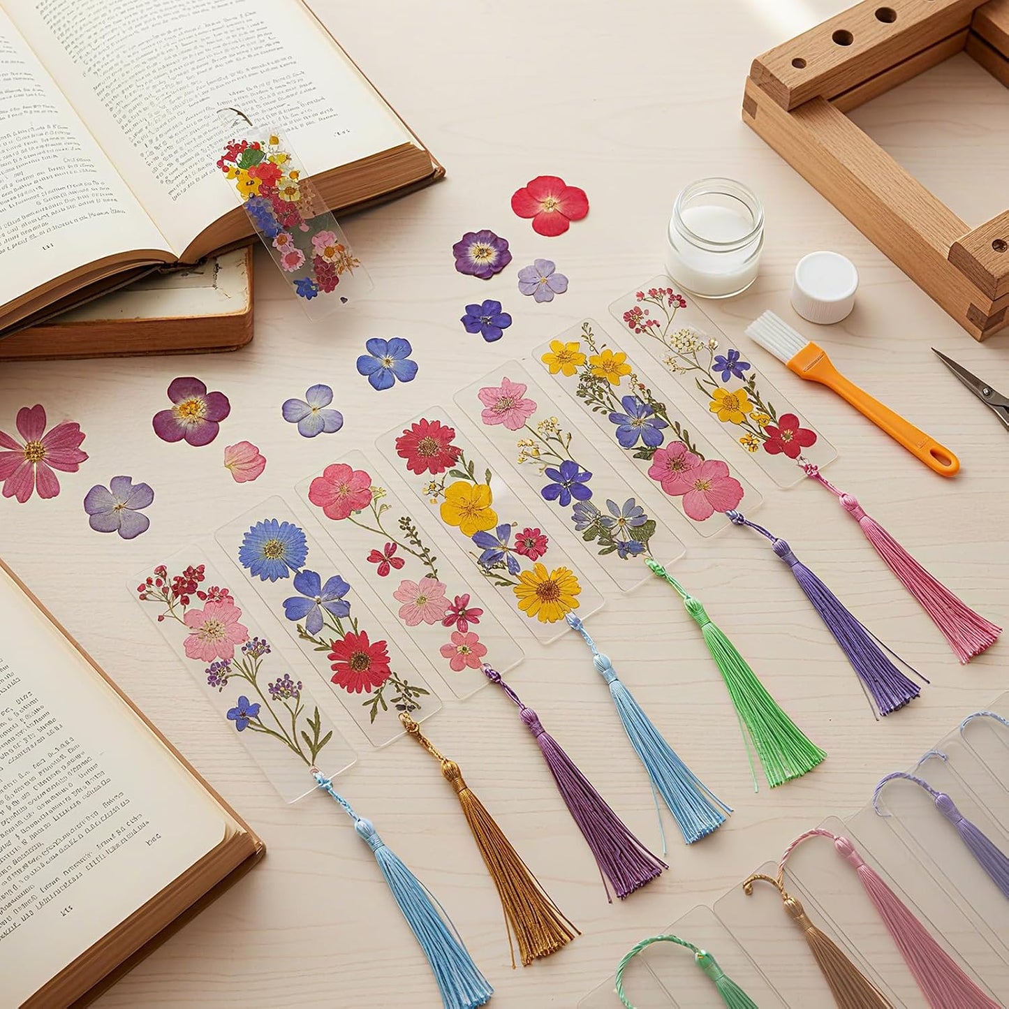 190 Pcs Pressed Flower Bookmark Making Kit, 24 Clear Acrylic Bookmarks with Tassels 140 Dried Floral with Adhesive Tools for Scrapbooking DIY Craft Gifts(Rustic)