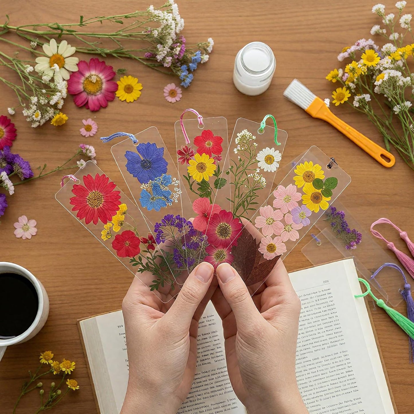 190 Pcs Pressed Flower Bookmark Making Kit, 24 Clear Acrylic Bookmarks with Tassels 140 Dried Floral with Adhesive Tools for Scrapbooking DIY Craft Gifts(Rustic)