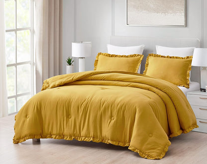 Nora Mustard Yellow Comforter Set Full Size 3-Piece Fluffy Soft Lightweight Bedding Ruffled Edge Trim Stone-Washed Microfiber Comforter Set for All Season