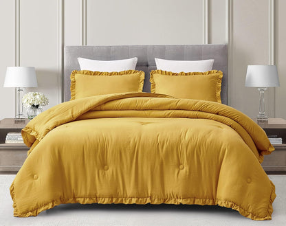 Nora Mustard Yellow Comforter Set Full Size 3-Piece Fluffy Soft Lightweight Bedding Ruffled Edge Trim Stone-Washed Microfiber Comforter Set for All Season