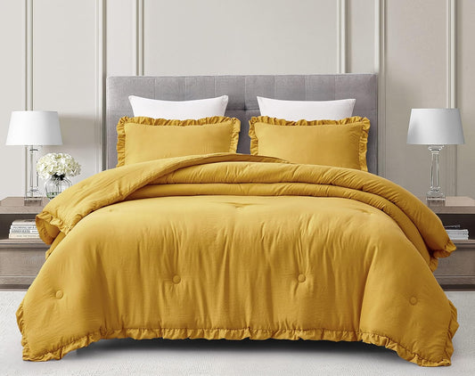 Nora Mustard Yellow Comforter Set Full Size 3-Piece Fluffy Soft Lightweight Bedding Ruffled Edge Trim Stone-Washed Microfiber Comforter Set for All Season