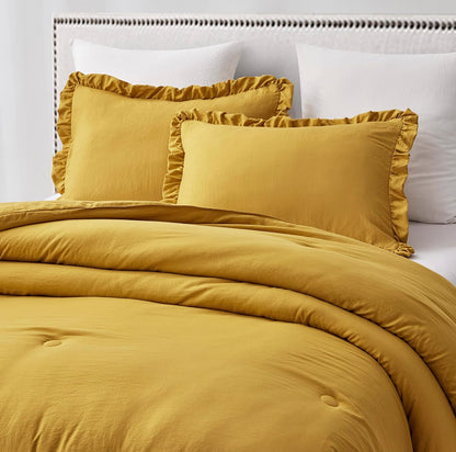 Nora Mustard Yellow Comforter Set Full Size 3-Piece Fluffy Soft Lightweight Bedding Ruffled Edge Trim Stone-Washed Microfiber Comforter Set for All Season