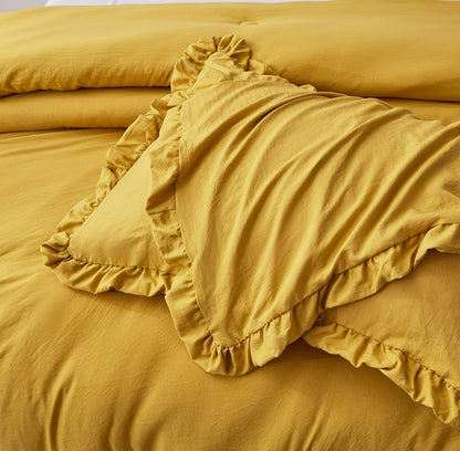 Nora Mustard Yellow Comforter Set Full Size 3-Piece Fluffy Soft Lightweight Bedding Ruffled Edge Trim Stone-Washed Microfiber Comforter Set for All Season