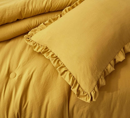 Nora Mustard Yellow Comforter Set Full Size 3-Piece Fluffy Soft Lightweight Bedding Ruffled Edge Trim Stone-Washed Microfiber Comforter Set for All Season