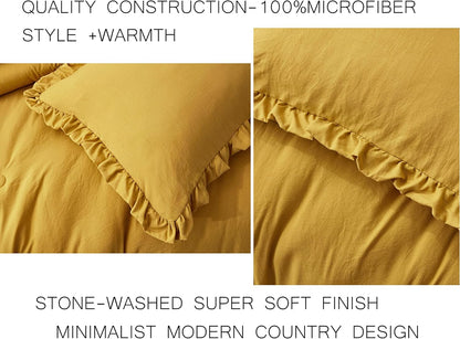 Nora Mustard Yellow Comforter Set Full Size 3-Piece Fluffy Soft Lightweight Bedding Ruffled Edge Trim Stone-Washed Microfiber Comforter Set for All Season