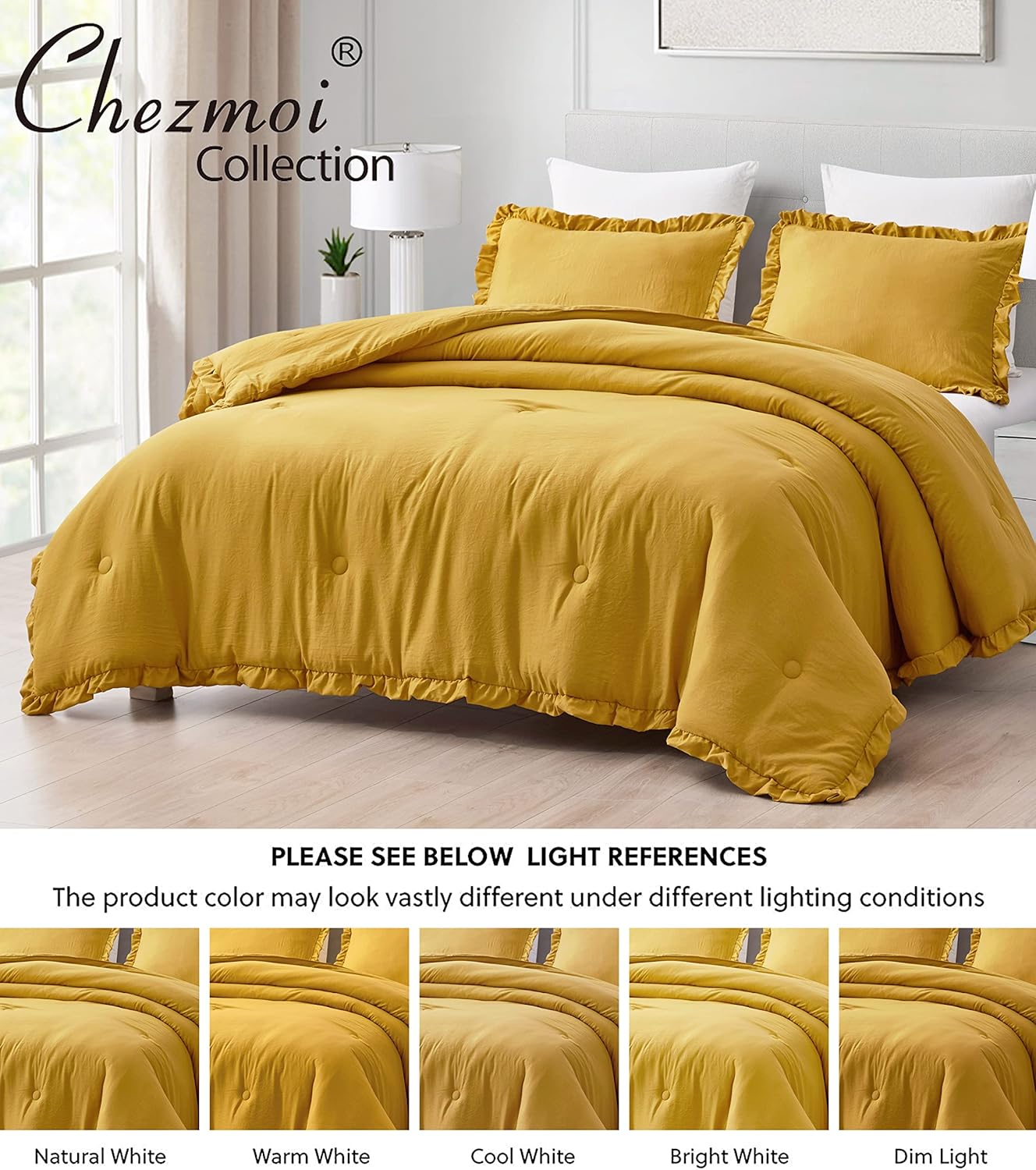 Nora Mustard Yellow Comforter Set Full Size 3-Piece Fluffy Soft Lightweight Bedding Ruffled Edge Trim Stone-Washed Microfiber Comforter Set for All Season