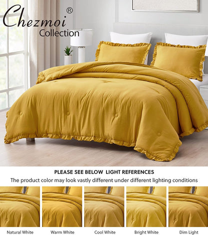 Nora Mustard Yellow Comforter Set Full Size 3-Piece Fluffy Soft Lightweight Bedding Ruffled Edge Trim Stone-Washed Microfiber Comforter Set for All Season