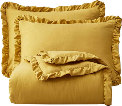 Nora Mustard Yellow Comforter Set Full Size 3-Piece Fluffy Soft Lightweight Bedding Ruffled Edge Trim Stone-Washed Microfiber Comforter Set for All Season