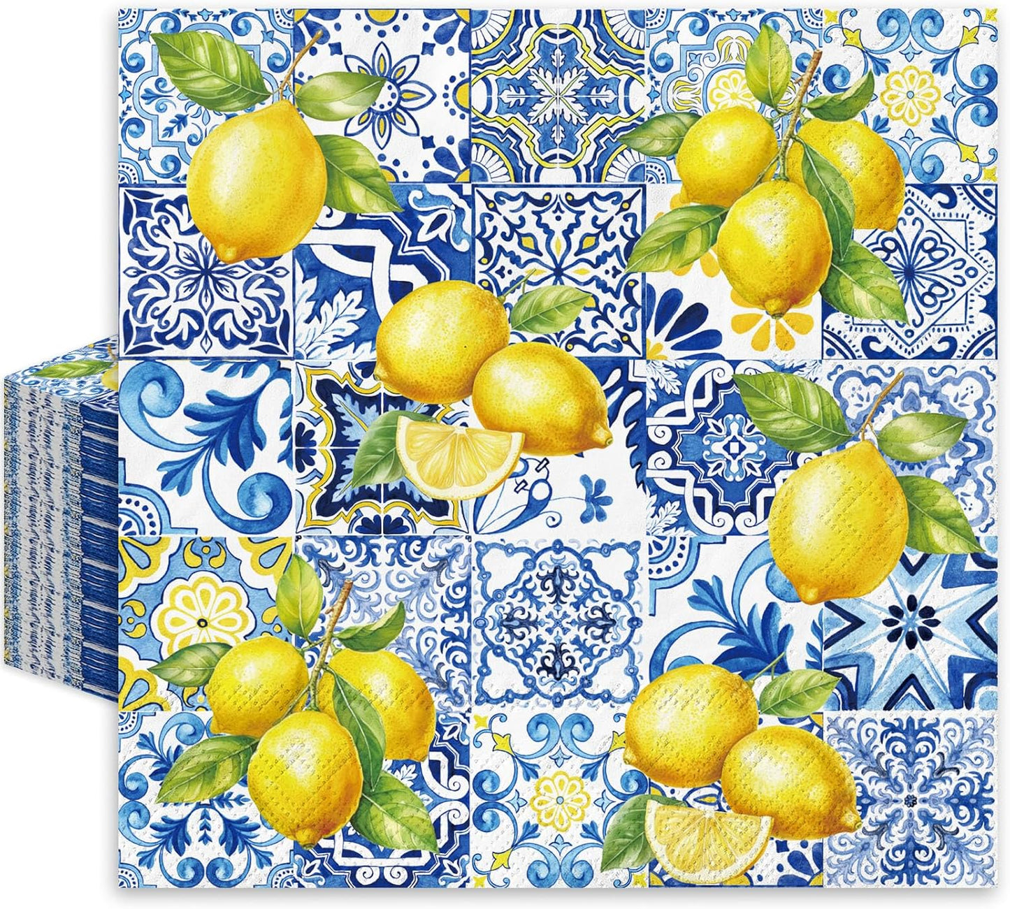 80Pcs Tiles Lemons Paper Napkins Blue Yellow Disposable Napkins Citrus Decorative Dinner Napkin Luncheon Napkins for Party Supplies Table Decor