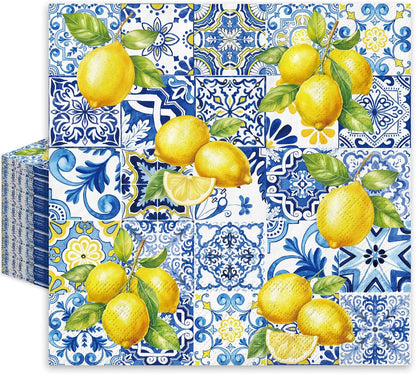 80Pcs Tiles Lemons Paper Napkins Blue Yellow Disposable Napkins Citrus Decorative Dinner Napkin Luncheon Napkins for Party Supplies Table Decor