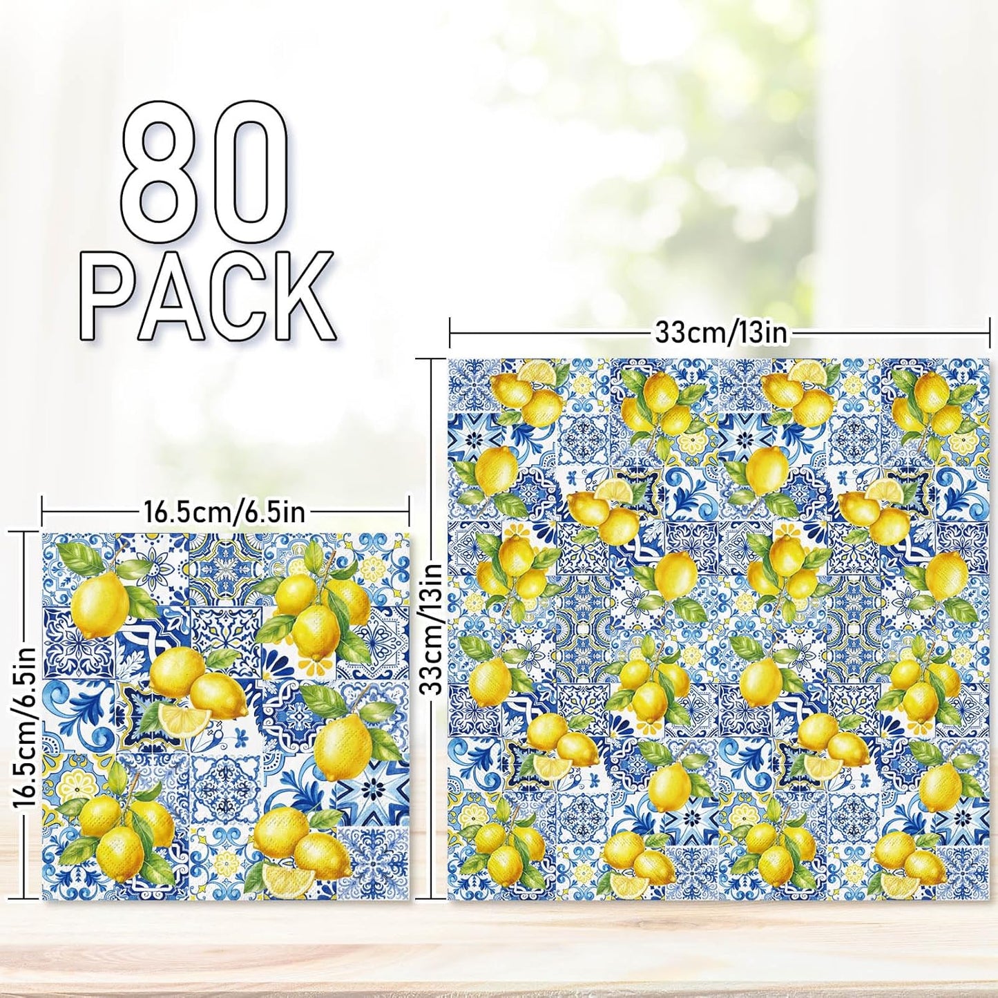 80Pcs Tiles Lemons Paper Napkins Blue Yellow Disposable Napkins Citrus Decorative Dinner Napkin Luncheon Napkins for Party Supplies Table Decor