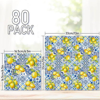 80Pcs Tiles Lemons Paper Napkins Blue Yellow Disposable Napkins Citrus Decorative Dinner Napkin Luncheon Napkins for Party Supplies Table Decor