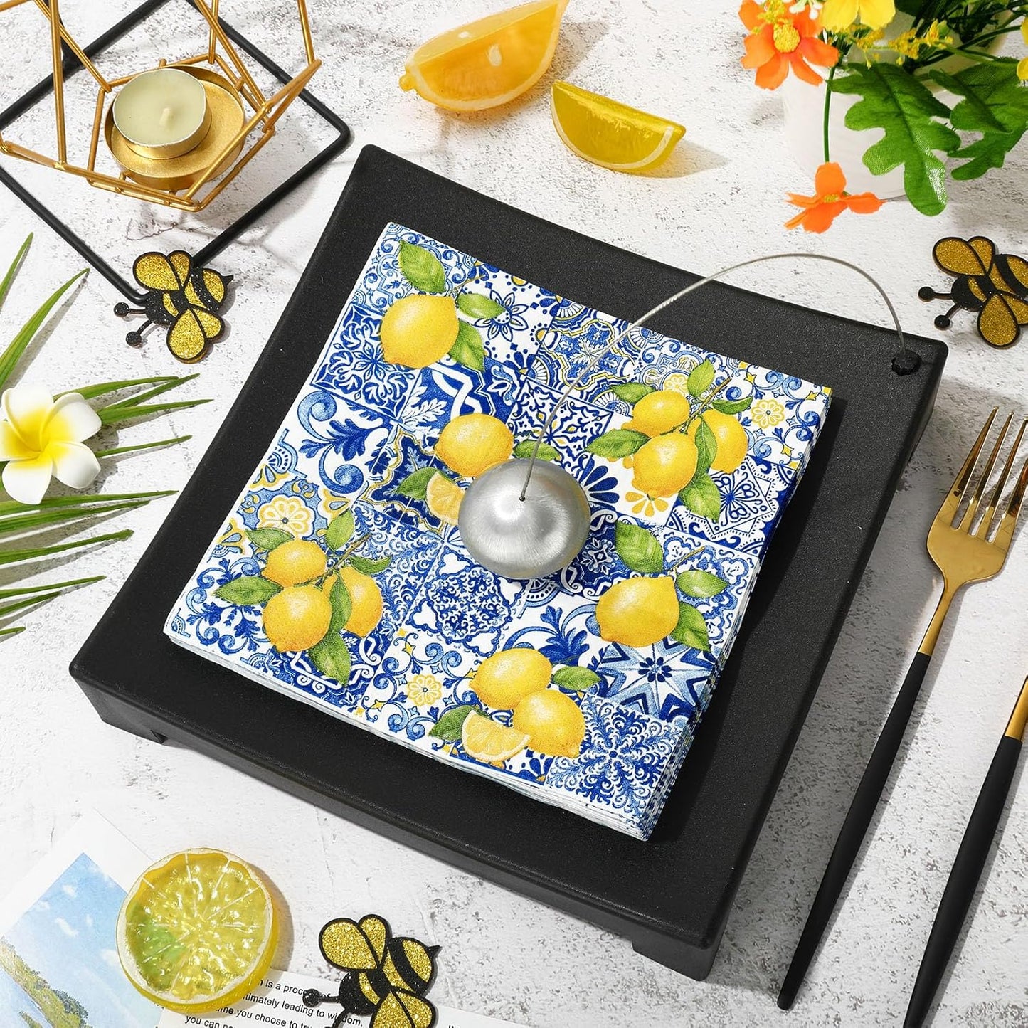 80Pcs Tiles Lemons Paper Napkins Blue Yellow Disposable Napkins Citrus Decorative Dinner Napkin Luncheon Napkins for Party Supplies Table Decor