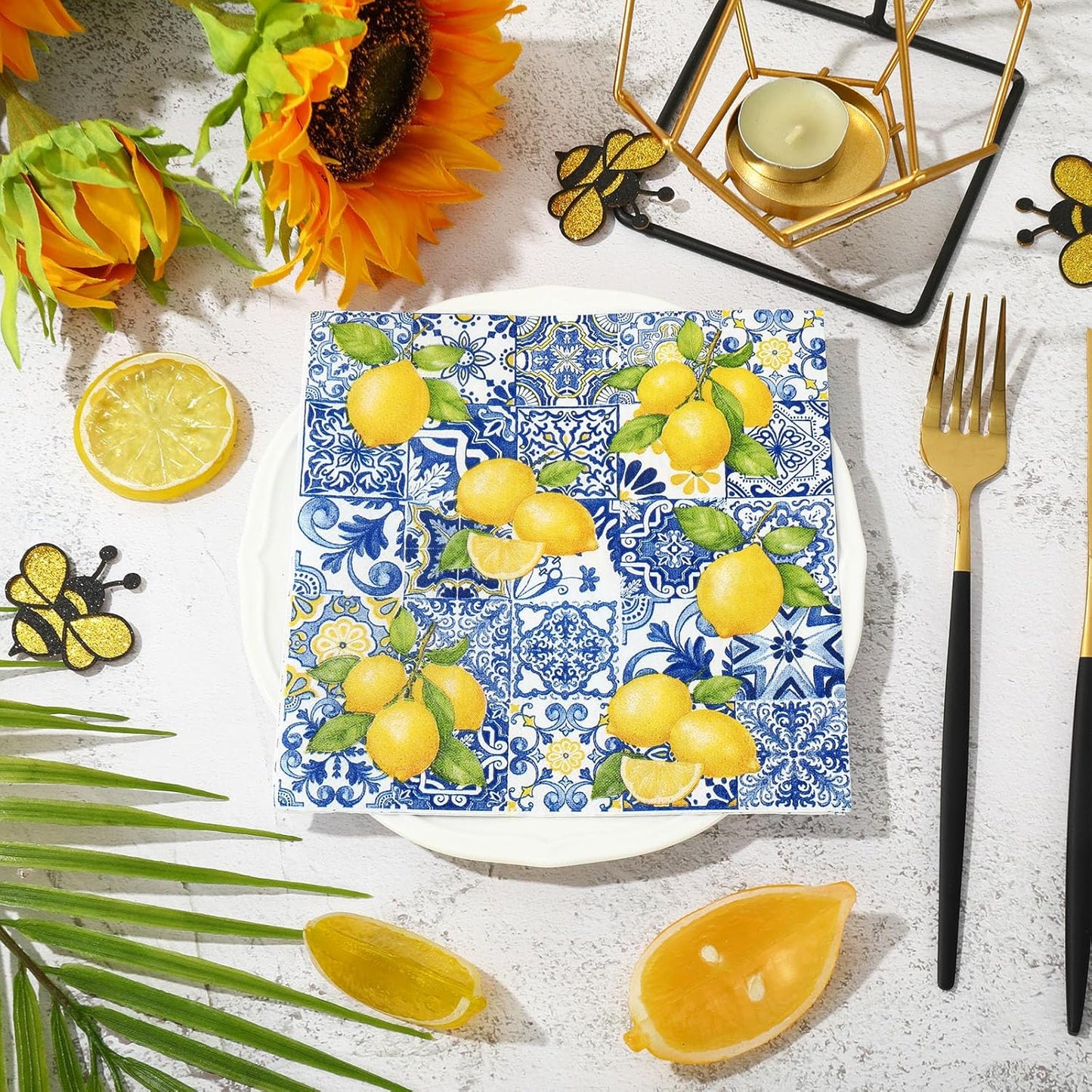 80Pcs Tiles Lemons Paper Napkins Blue Yellow Disposable Napkins Citrus Decorative Dinner Napkin Luncheon Napkins for Party Supplies Table Decor