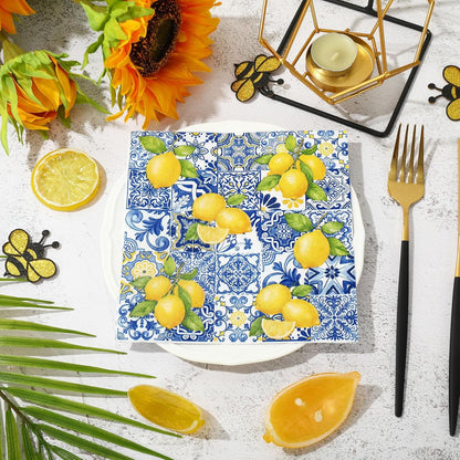 80Pcs Tiles Lemons Paper Napkins Blue Yellow Disposable Napkins Citrus Decorative Dinner Napkin Luncheon Napkins for Party Supplies Table Decor