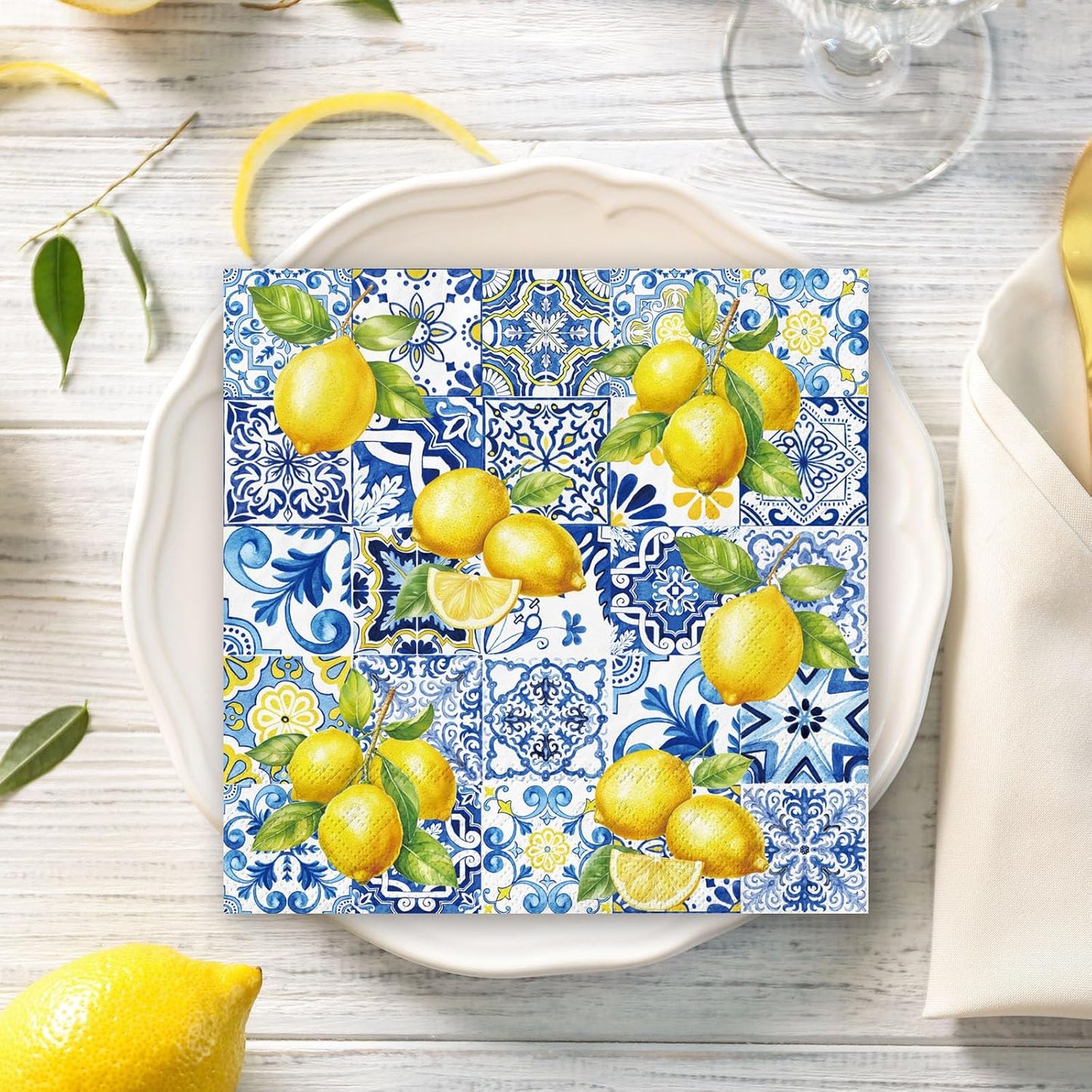 80Pcs Tiles Lemons Paper Napkins Blue Yellow Disposable Napkins Citrus Decorative Dinner Napkin Luncheon Napkins for Party Supplies Table Decor