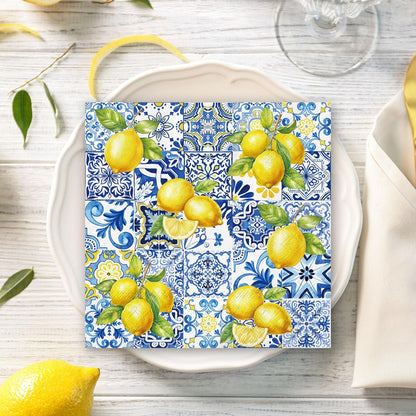 80Pcs Tiles Lemons Paper Napkins Blue Yellow Disposable Napkins Citrus Decorative Dinner Napkin Luncheon Napkins for Party Supplies Table Decor