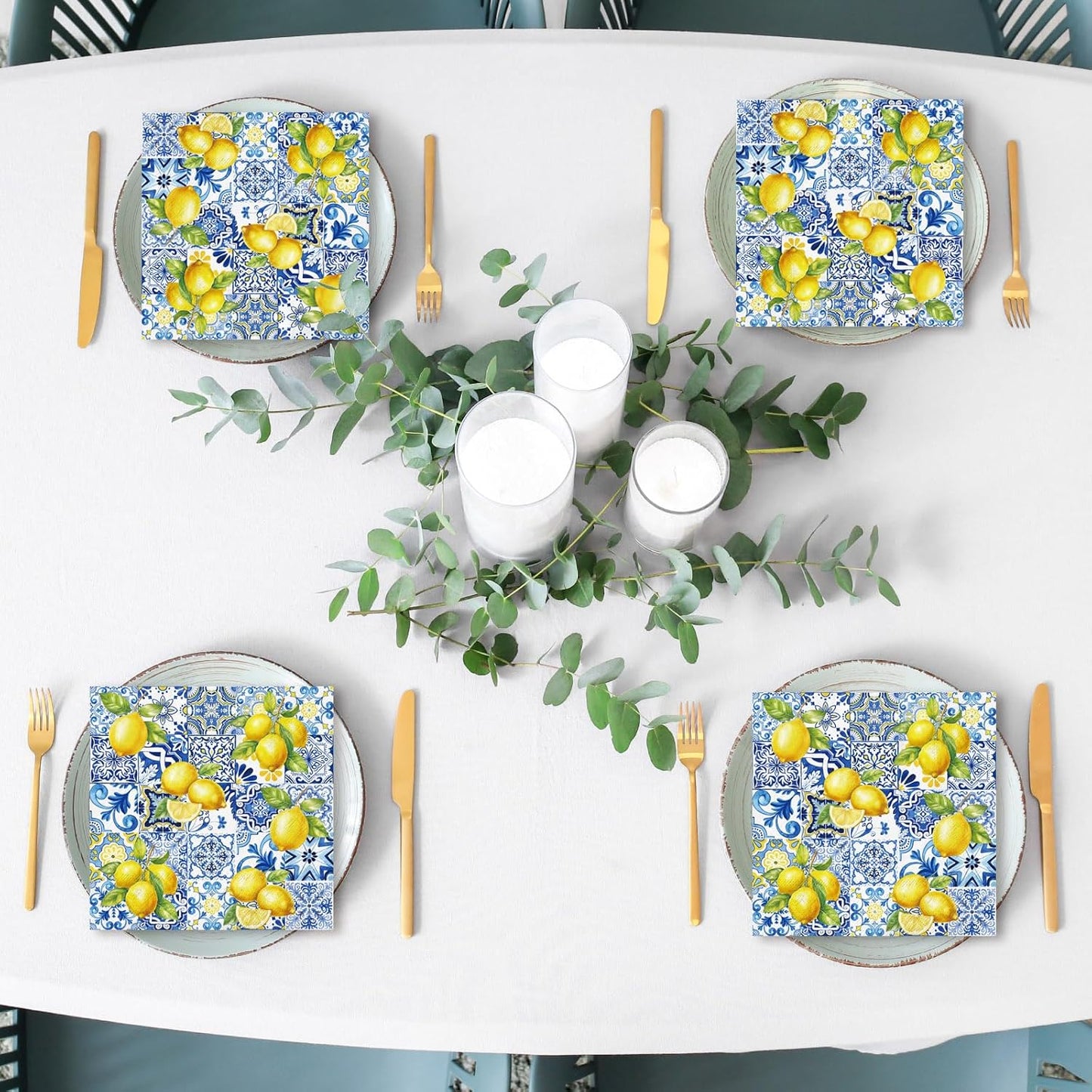 80Pcs Tiles Lemons Paper Napkins Blue Yellow Disposable Napkins Citrus Decorative Dinner Napkin Luncheon Napkins for Party Supplies Table Decor