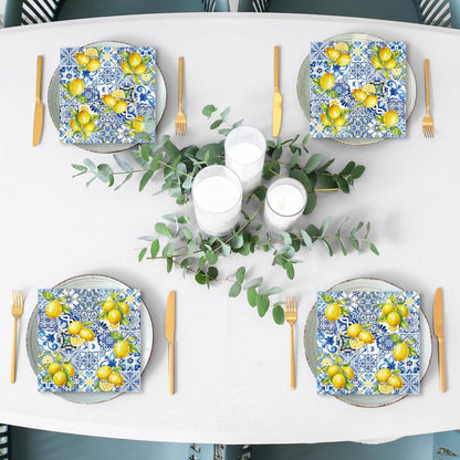 80Pcs Tiles Lemons Paper Napkins Blue Yellow Disposable Napkins Citrus Decorative Dinner Napkin Luncheon Napkins for Party Supplies Table Decor