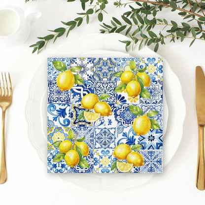 80Pcs Tiles Lemons Paper Napkins Blue Yellow Disposable Napkins Citrus Decorative Dinner Napkin Luncheon Napkins for Party Supplies Table Decor