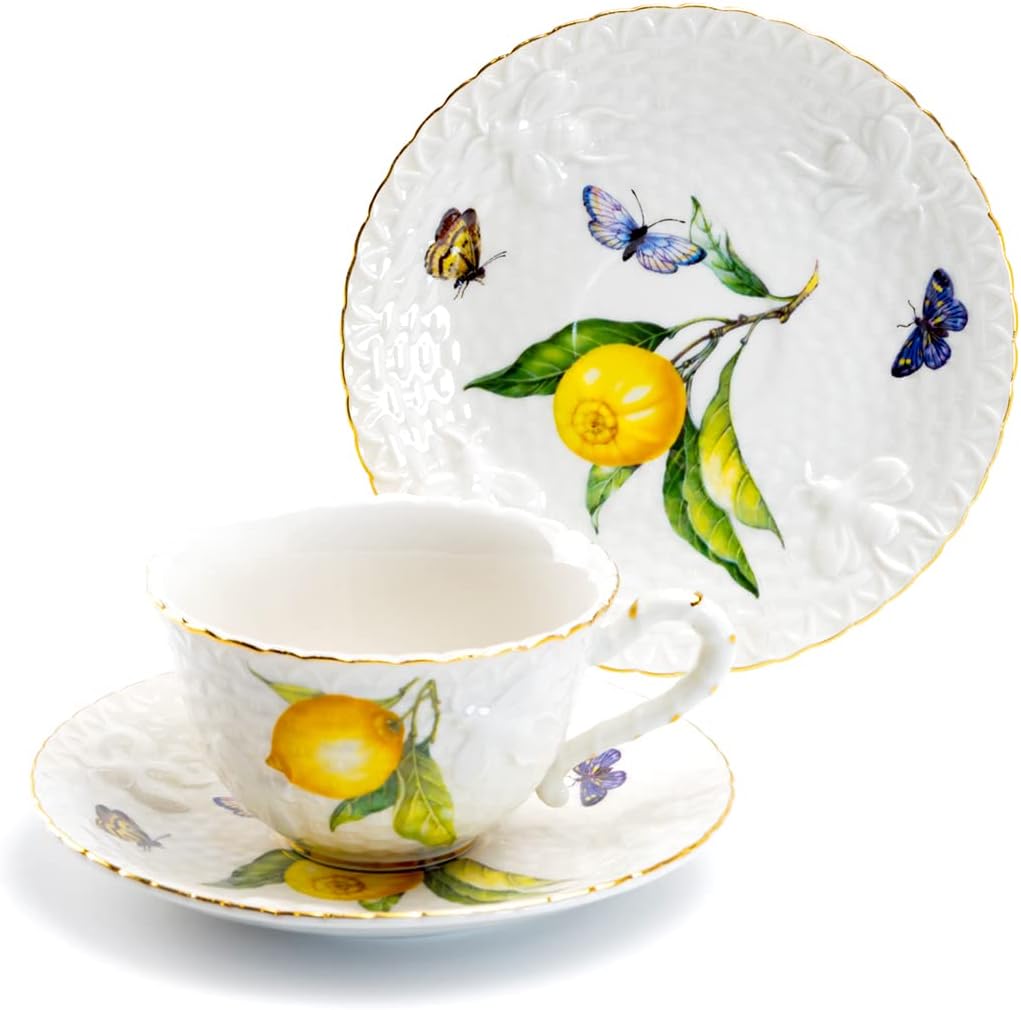 Lemon Bee Fine Porcelain Cup and Saucer with Gold Trim Multicolor