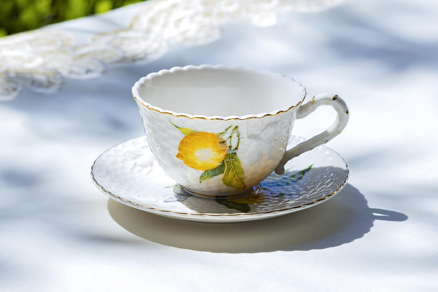 Lemon Bee Fine Porcelain Cup and Saucer with Gold Trim Multicolor