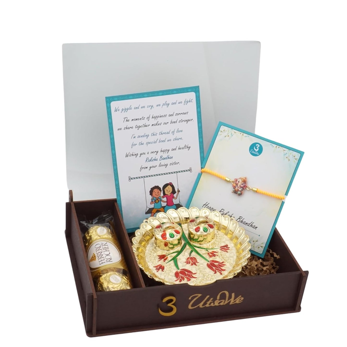 Rakhi Gift Box | Devine Rakhi Hamper with Delightfuly Cute Ganeshji Rakhi Bracelet, Roli, Chawal, Mini Thali Set, A Chocolate, And A Greeting Card (Yellow Ganeshji Gift Box)