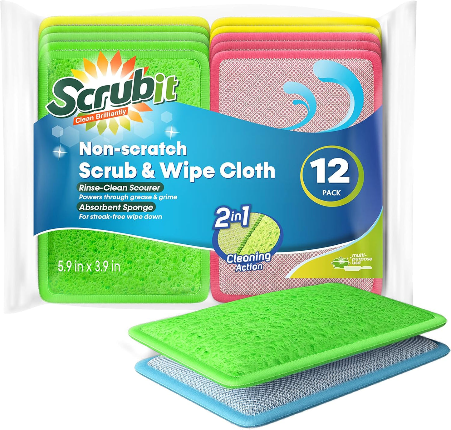 Scrub and Wipe Cleaning Pads [10 Pack] – Dual Sided Scouring Pad and Sponge - Reusable Kitchen Scrubbing Sponges for Dishes, Pots, Pans Utensils & Non-Stick Cookware (Yellow)