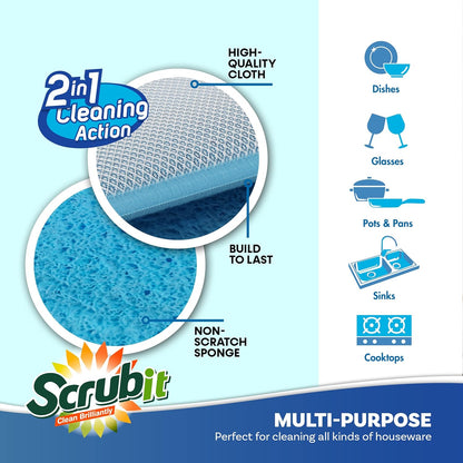 Scrub and Wipe Cleaning Pads [10 Pack] – Dual Sided Scouring Pad and Sponge - Reusable Kitchen Scrubbing Sponges for Dishes, Pots, Pans Utensils & Non-Stick Cookware (Yellow)