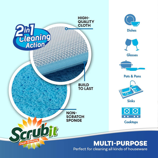 Scrub and Wipe Cleaning Pads [10 Pack] – Dual Sided Scouring Pad and Sponge - Reusable Kitchen Scrubbing Sponges for Dishes, Pots, Pans Utensils & Non-Stick Cookware (Yellow)