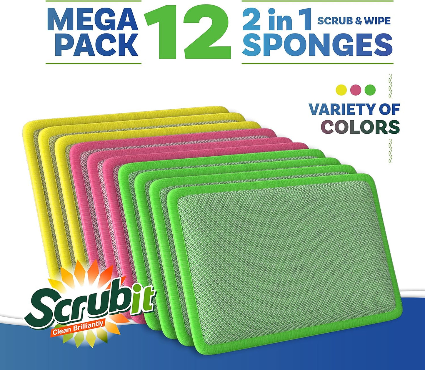 Scrub and Wipe Cleaning Pads [10 Pack] – Dual Sided Scouring Pad and Sponge - Reusable Kitchen Scrubbing Sponges for Dishes, Pots, Pans Utensils & Non-Stick Cookware (Yellow)