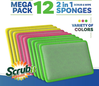Scrub and Wipe Cleaning Pads [10 Pack] – Dual Sided Scouring Pad and Sponge - Reusable Kitchen Scrubbing Sponges for Dishes, Pots, Pans Utensils & Non-Stick Cookware (Yellow)
