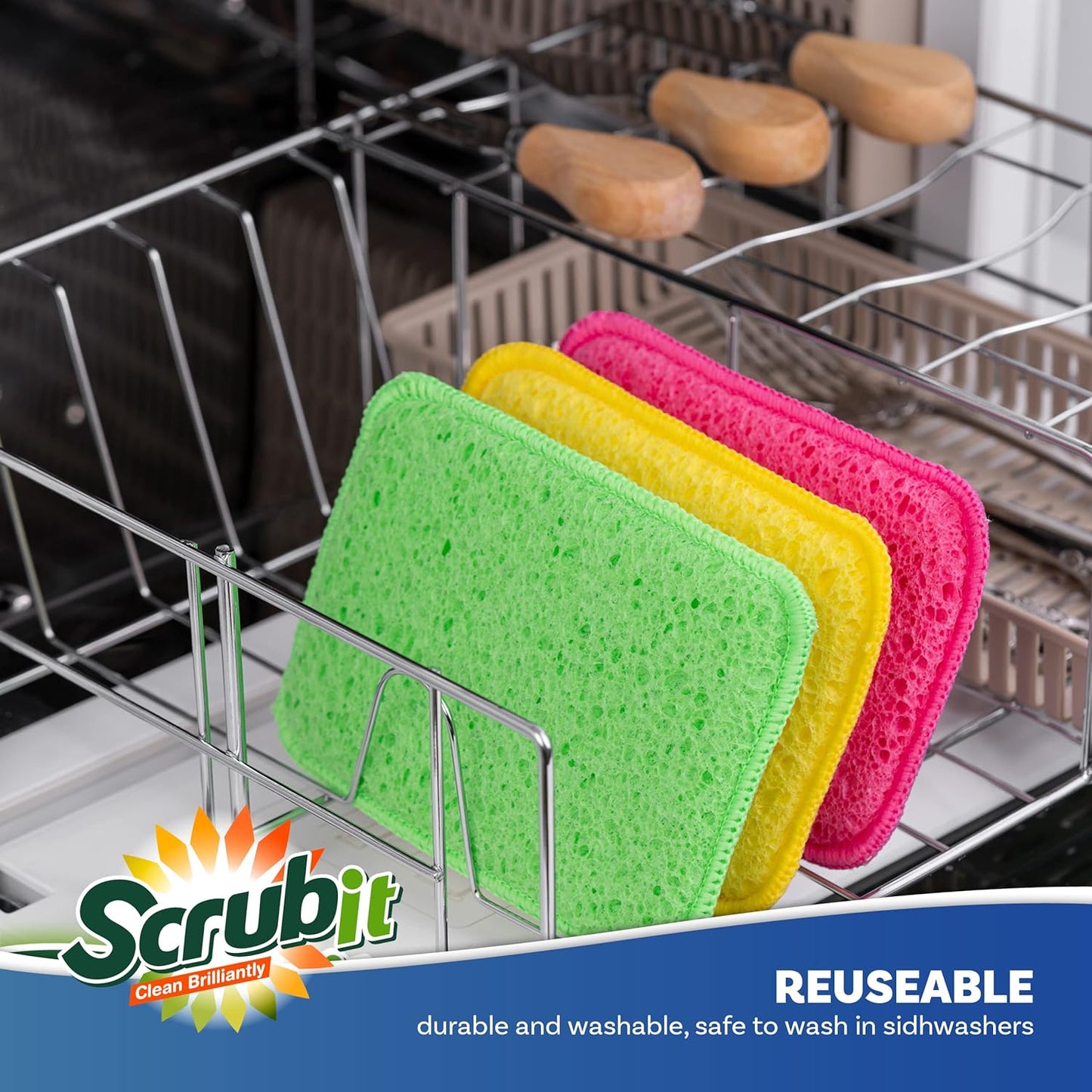 Scrub and Wipe Cleaning Pads [10 Pack] – Dual Sided Scouring Pad and Sponge - Reusable Kitchen Scrubbing Sponges for Dishes, Pots, Pans Utensils & Non-Stick Cookware (Yellow)