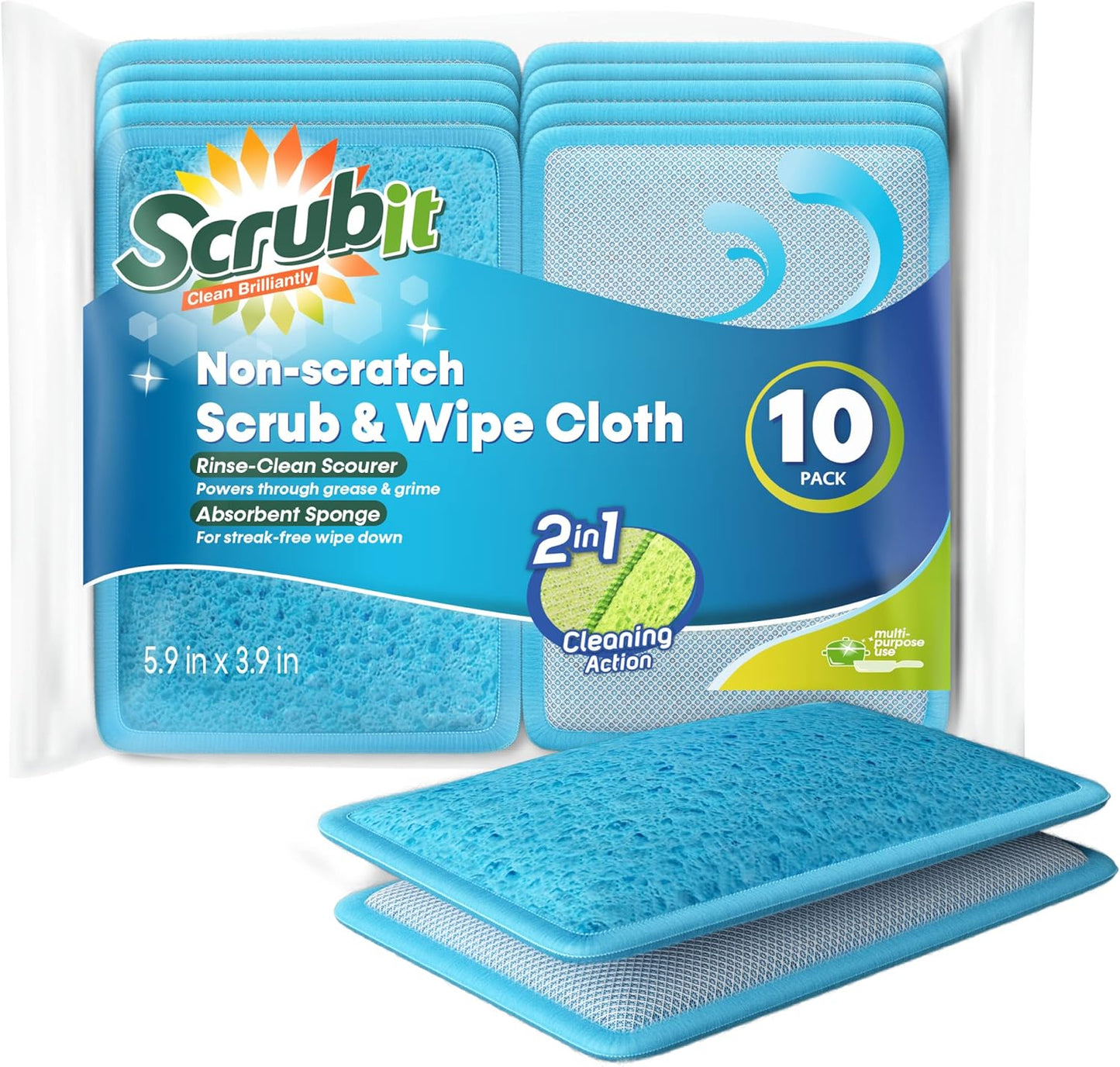 Scrub and Wipe Cleaning Pads [10 Pack] – Dual Sided Scouring Pad and Sponge - Reusable Kitchen Scrubbing Sponges for Dishes, Pots, Pans Utensils & Non-Stick Cookware (Yellow)