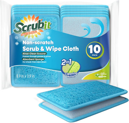 Scrub and Wipe Cleaning Pads [10 Pack] – Dual Sided Scouring Pad and Sponge - Reusable Kitchen Scrubbing Sponges for Dishes, Pots, Pans Utensils & Non-Stick Cookware (Yellow)