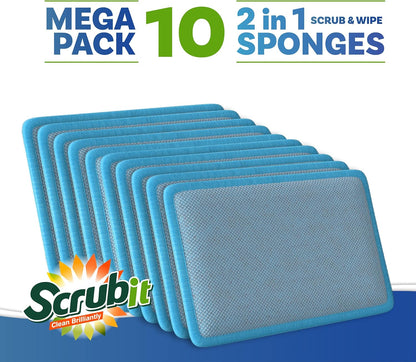 Scrub and Wipe Cleaning Pads [10 Pack] – Dual Sided Scouring Pad and Sponge - Reusable Kitchen Scrubbing Sponges for Dishes, Pots, Pans Utensils & Non-Stick Cookware (Yellow)