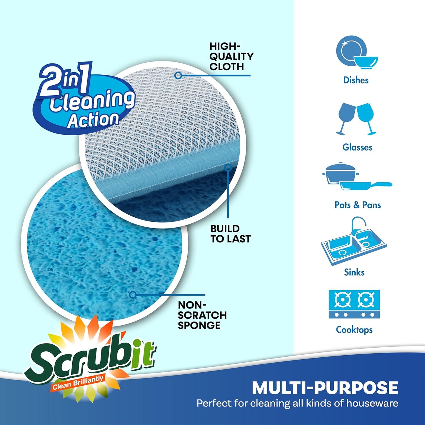 Scrub and Wipe Cleaning Pads [10 Pack] – Dual Sided Scouring Pad and Sponge - Reusable Kitchen Scrubbing Sponges for Dishes, Pots, Pans Utensils & Non-Stick Cookware (Yellow)