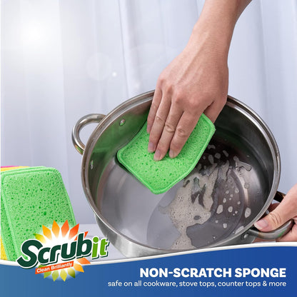 Scrub and Wipe Cleaning Pads [10 Pack] – Dual Sided Scouring Pad and Sponge - Reusable Kitchen Scrubbing Sponges for Dishes, Pots, Pans Utensils & Non-Stick Cookware (Yellow)