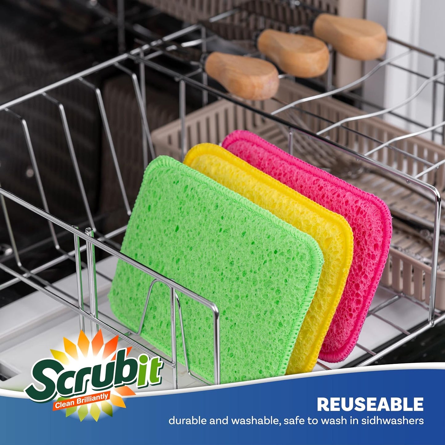 Scrub and Wipe Cleaning Pads [10 Pack] – Dual Sided Scouring Pad and Sponge - Reusable Kitchen Scrubbing Sponges for Dishes, Pots, Pans Utensils & Non-Stick Cookware (Yellow)