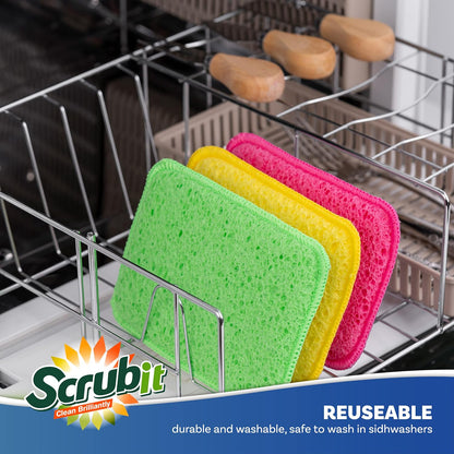 Scrub and Wipe Cleaning Pads [10 Pack] – Dual Sided Scouring Pad and Sponge - Reusable Kitchen Scrubbing Sponges for Dishes, Pots, Pans Utensils & Non-Stick Cookware (Yellow)