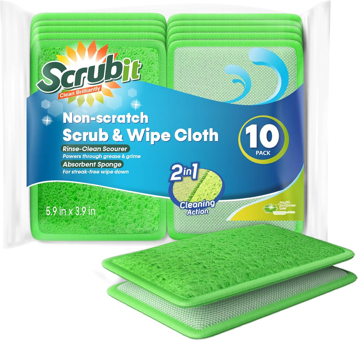 Scrub and Wipe Cleaning Pads [10 Pack] – Dual Sided Scouring Pad and Sponge - Reusable Kitchen Scrubbing Sponges for Dishes, Pots, Pans Utensils & Non-Stick Cookware (Yellow)