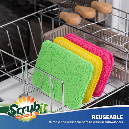 Scrub and Wipe Cleaning Pads [10 Pack] – Dual Sided Scouring Pad and Sponge - Reusable Kitchen Scrubbing Sponges for Dishes, Pots, Pans Utensils & Non-Stick Cookware (Yellow)